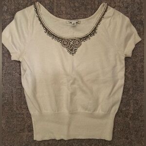 Banana Republic Shirt Sleeve Beaded Neck Cream Sweater